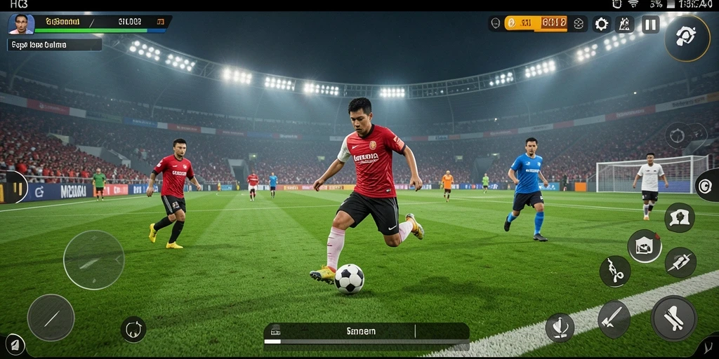 Menampilkan suasana gameplay sepak bola yang mendebarkan.