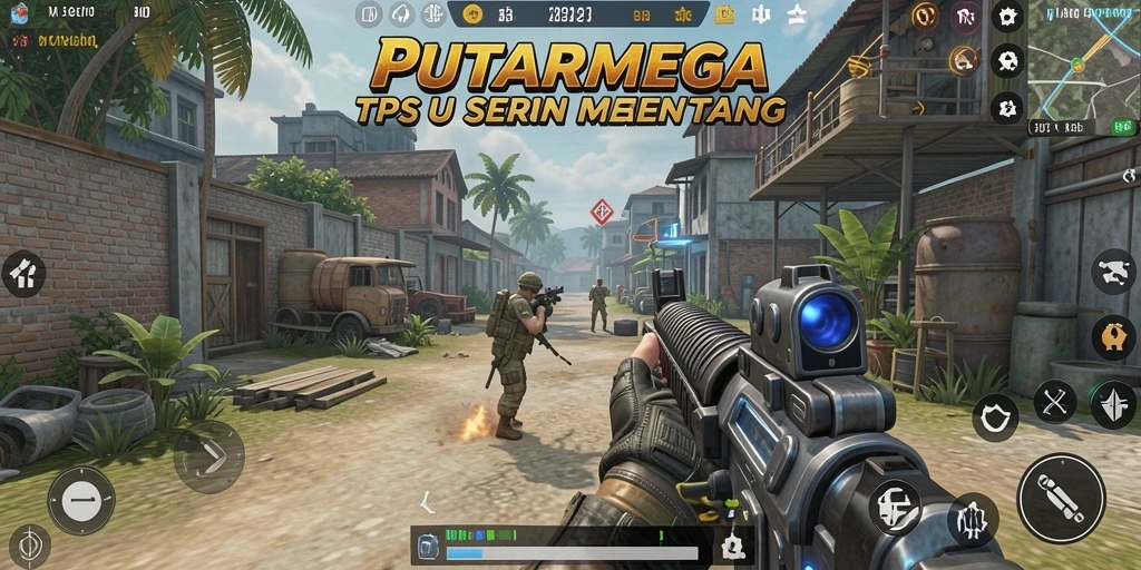 Screenshot utama PUTARMEGA menampilkan aksi tembak-menembak yang intens.